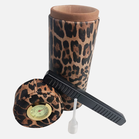 Luxury Leopard Print Cigar Humidor – Portable Travel Tube with Hygrometer & Humidifier Kit