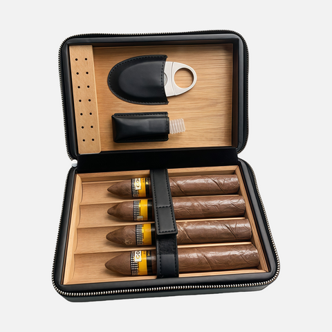 Premium Travel Cigar Humidor Case – Elegant Cedar Wood Interior with Accessories