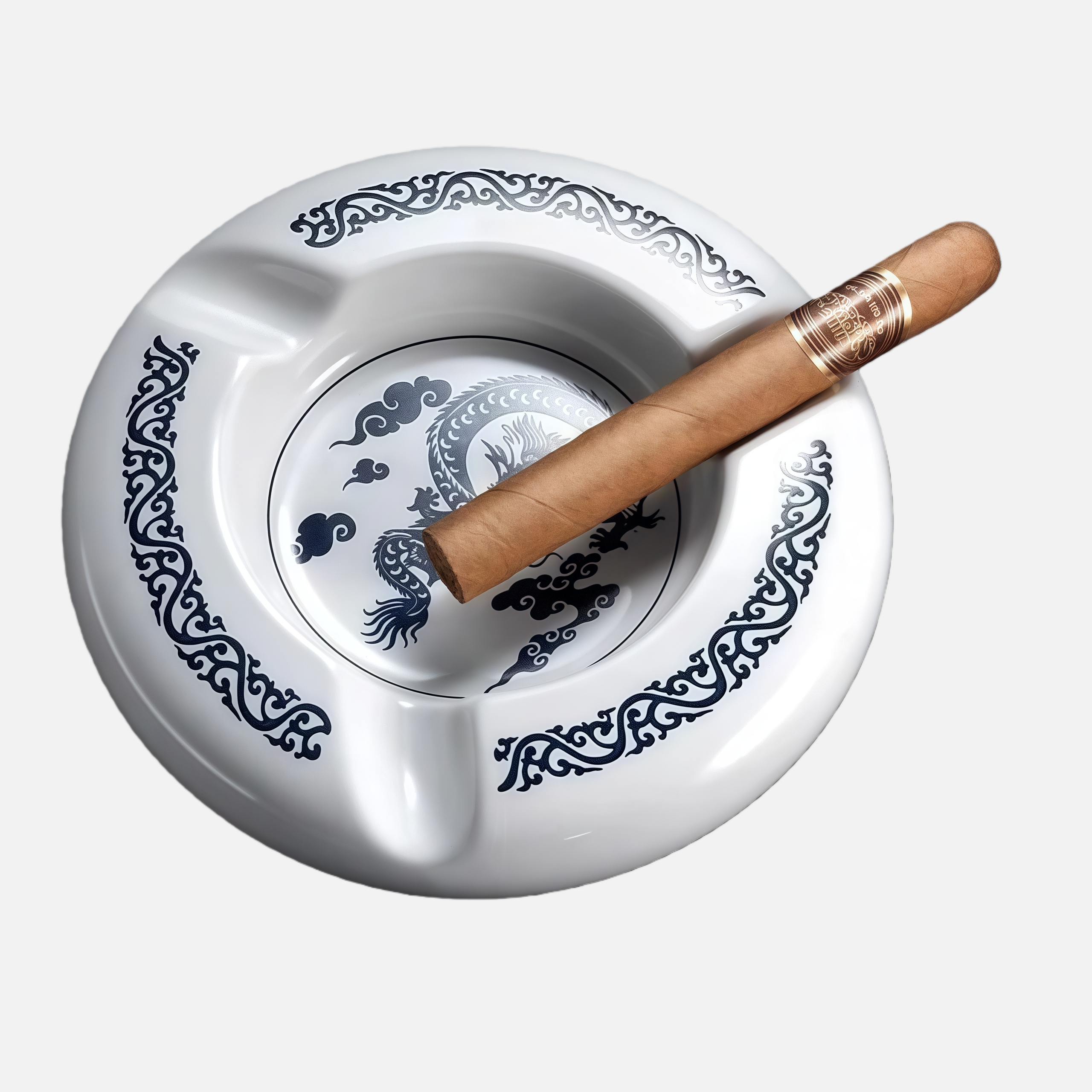Premium Ceramic Chinese Dragon 3-Slot Cigar Ashtray – Blue-and-White Design