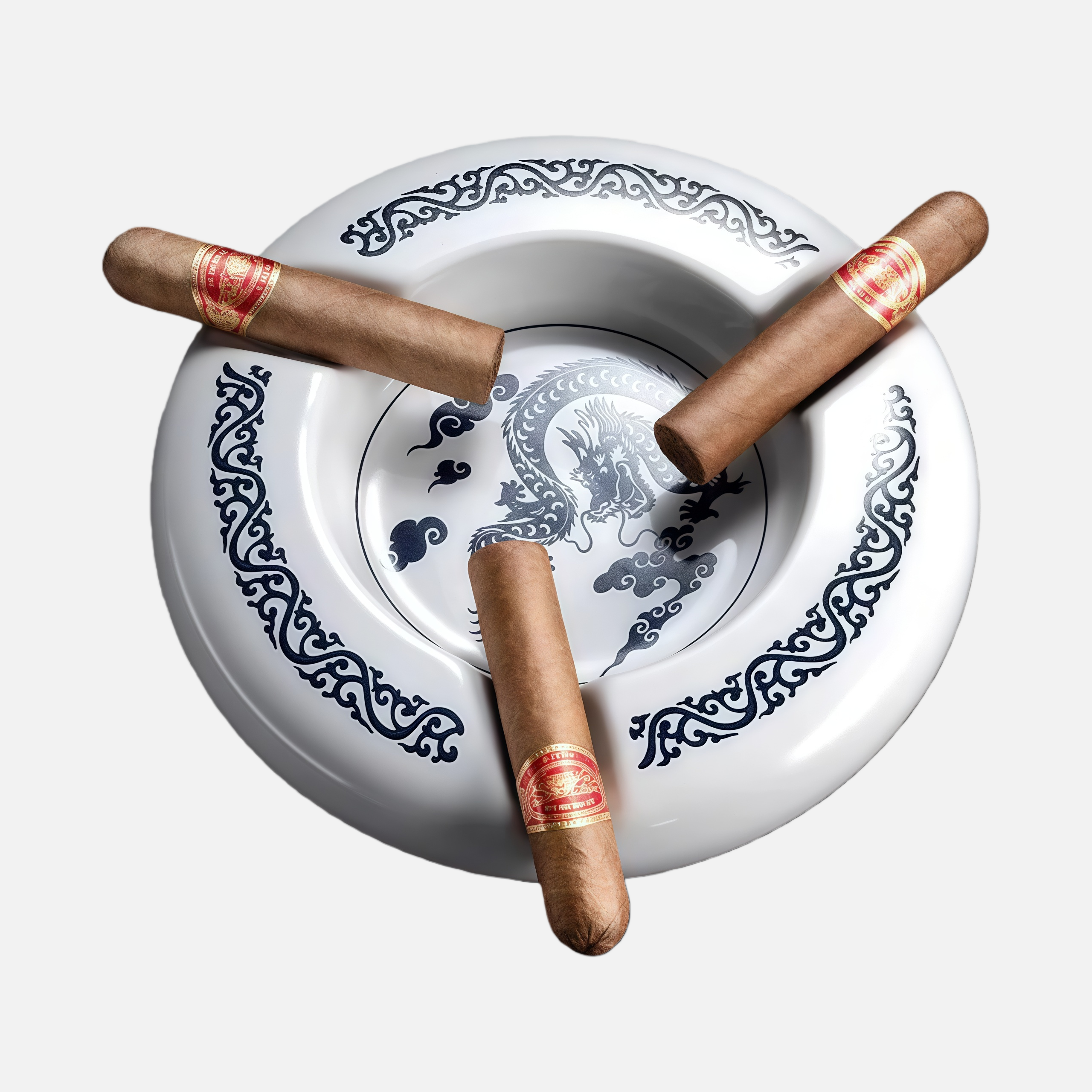 Premium Ceramic Chinese Dragon 3-Slot Cigar Ashtray – Blue-and-White Design