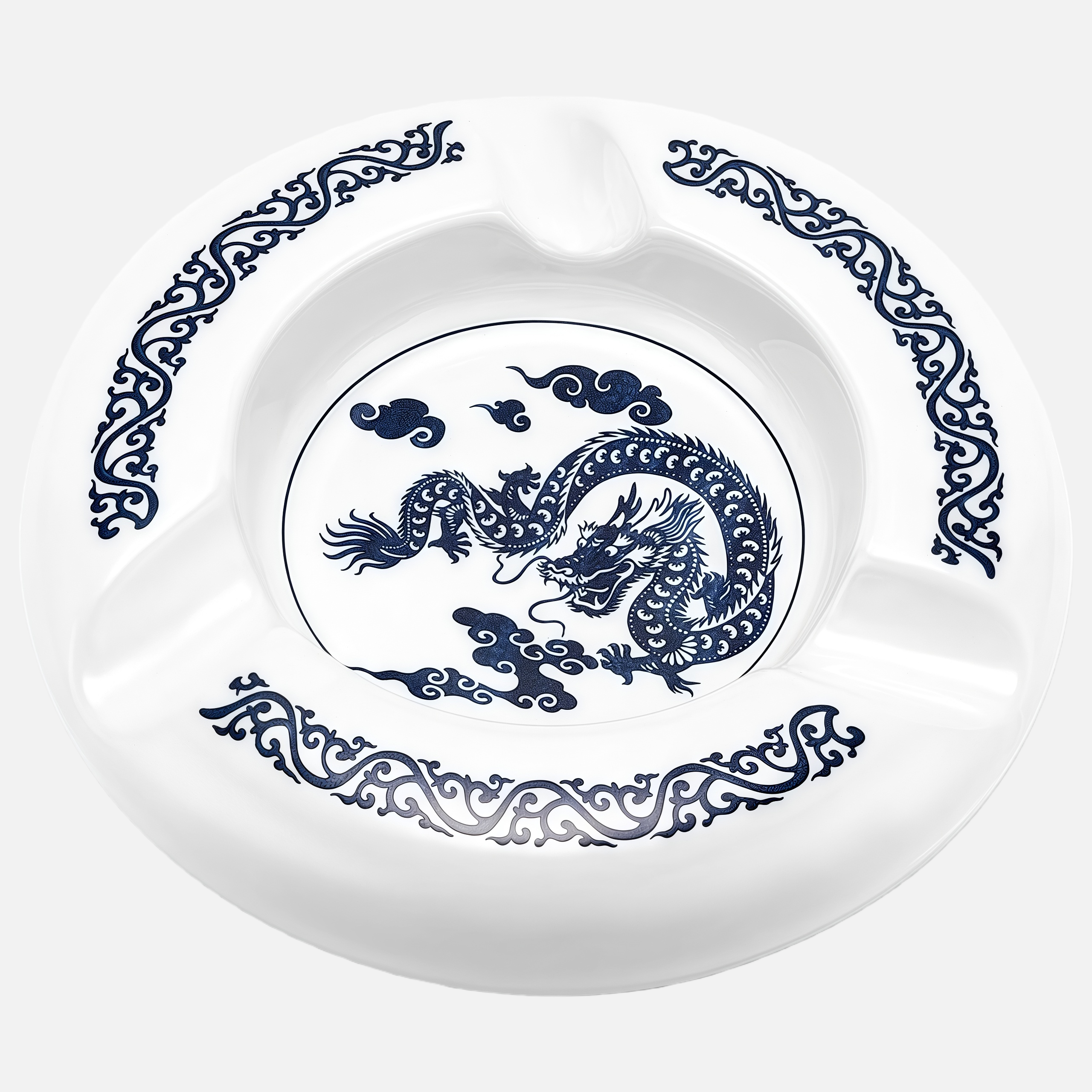 Premium Ceramic Chinese Dragon 3-Slot Cigar Ashtray – Blue-and-White Design